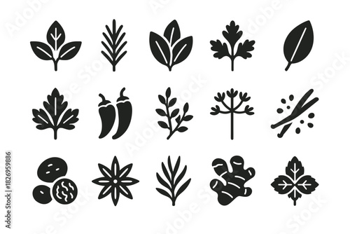 Collection of herb and spice silhouettes in black on white background