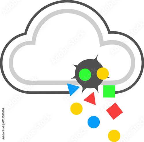 Cloud storage with a hole from which ideas and shapes fall out. The concept of data leakage, theft of intellectual property by neural networks and loss of copyrighted content.