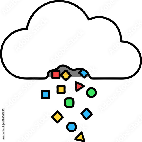 Cloud storage with a hole from which ideas and shapes fall out. The concept of data leakage, theft of intellectual property by neural networks and loss of copyrighted content.