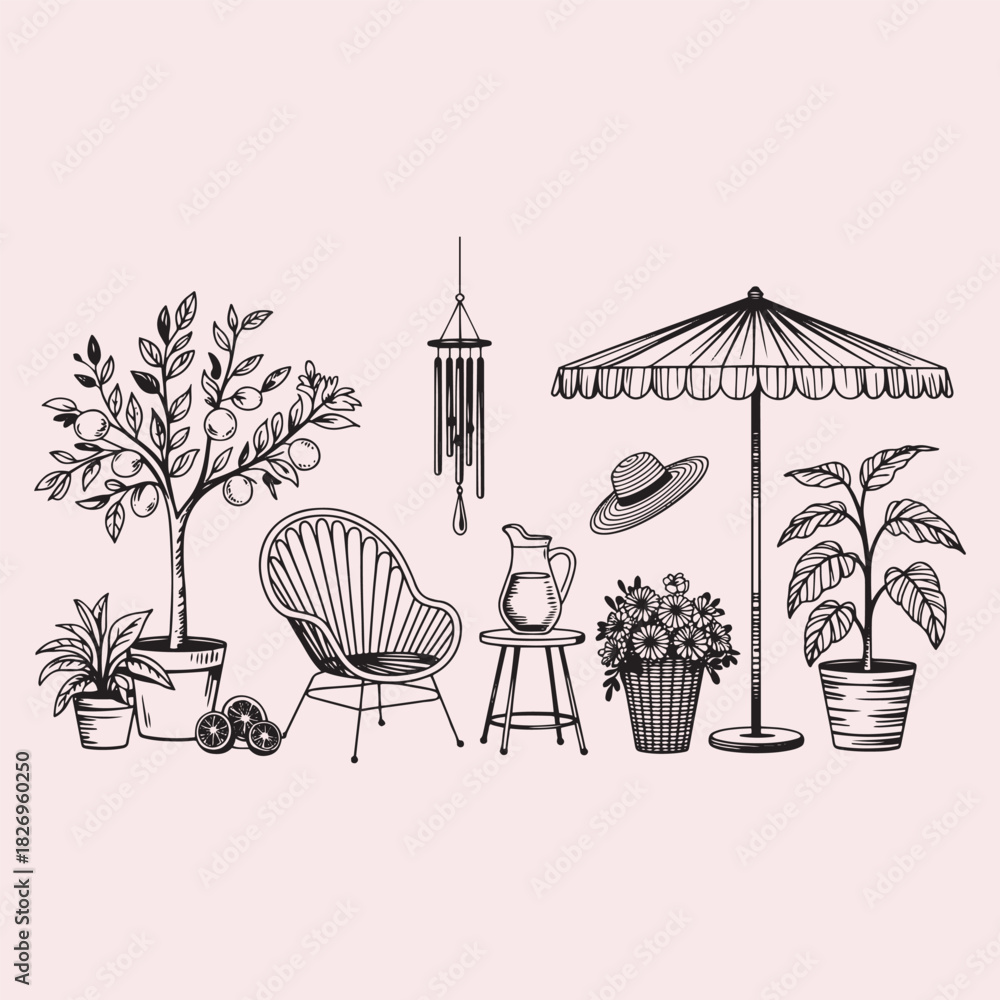 Naklejka premium Hand Drawn Garden and Patio Elements Doodle Art potted plant tree