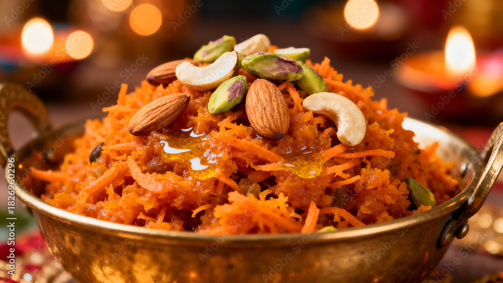 Fototapeta premium A close-up shot of traditional Gajar Ka Halwa served in a brass bowl, topped with almonds, pistachios, cashews, and a drizzle of ghee. The vibrant orange carrot dessert is captured with rich detail, c