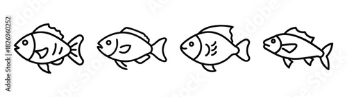 Four cartoon fish drawing, simple black and white line art illustration of aquatic animals, fish