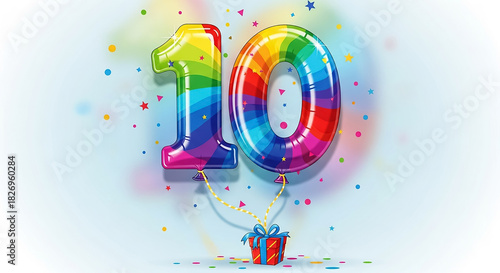 Colorful Number 10 Balloons with Gift Box and Confetti