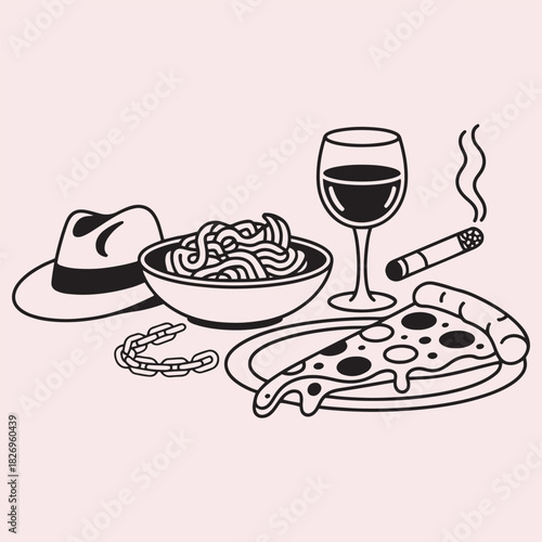 Italian meal with pizza, pasta, wine, cigar and fedora hat spaghetti