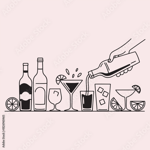 Line Art Illustration of Bar Drinks and Bartender Pouring Cocktail bottle