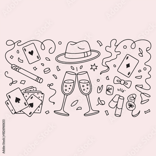 Party and Celebration Icons with Playing Cards and Champagne Glasses toasting