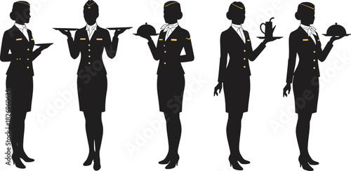 Elegant service staff silhouettes, flight attendant uniforms, hospitality poses, black and gold style, tray holding, teapot serving, professional presentation
