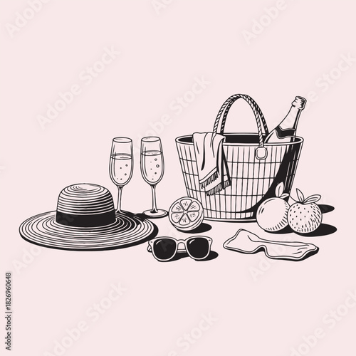 Picnic essentials laid out for a summer outing basket