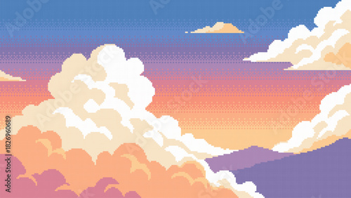 Pixel art sunset sky with fluffy clouds over distant mountains and valleys, for retro game background. Colorful evening landscape in classic 8-bit style.