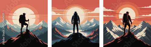 Adventurer silhouette standing atop mountain peaks triptych