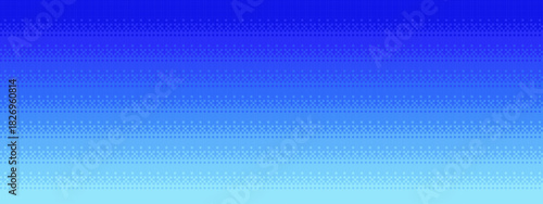 Blue pixel art gradient background. Retro video game aesthetic with square pixels. Digital texture for banner graphic web design.