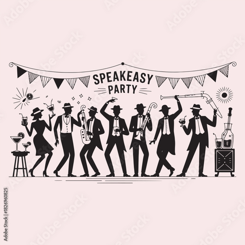 Speakeasy Party Scene with Musicians and Dancers jazz band