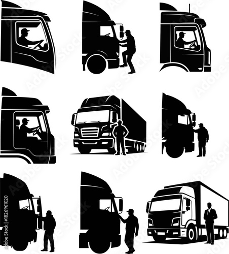 Set of Truck Driver and Lorry Silhouettes Vector