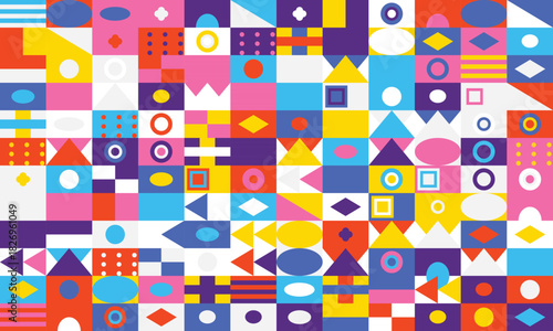 Vibrant geometric shapes in a playful abstract pattern with pink blue yellow purple background