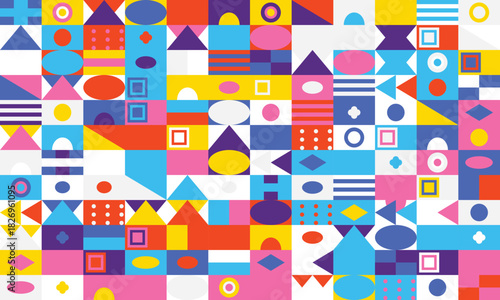 Colorful geometric shapes abstract pattern background with squares circles and triangles vector