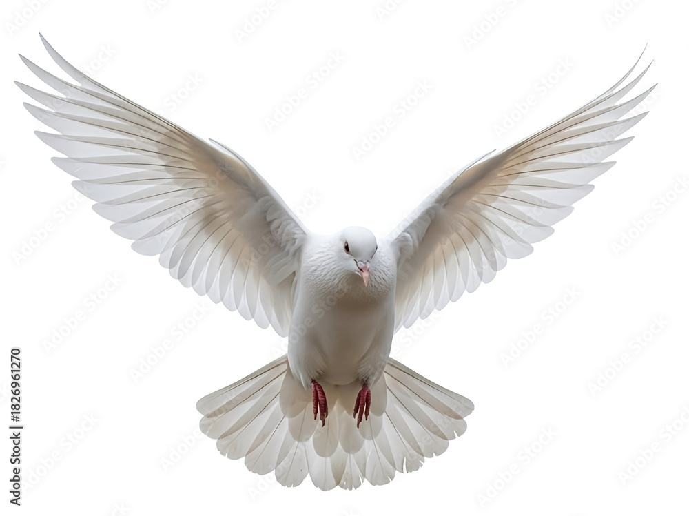 Obraz premium Pure white dove flying forward with wide open wings of peace 