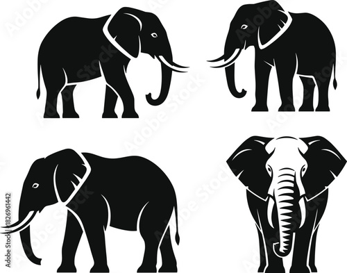 Elephant silhouette set, animal icon, wildlife pose, black vector, safari theme, graphic design, nature art, artistic collection