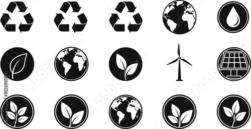 Environment, sustainability, eco, green, icon, silhouette, black, white, leaf, globe, recycle, energy, water, wind, solar, minimal, grid, design, nature, clean