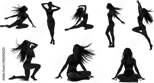 Expressive silhouette poses, dance and yoga movements, graceful human shapes, black vector illustration, dynamic posture set, artistic motion reference design