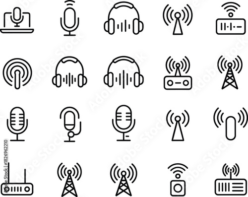 Wireless communication icon set, podcast, radio, microphone, headset, broadcast, wifi signal, modern media, vector symbols, line design