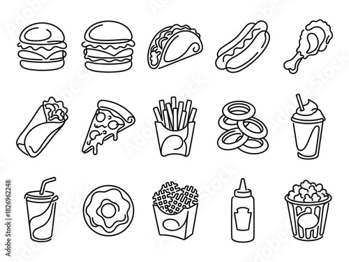 Fast Food Vector Illustration Set. Hand-drawn line art collection featuring burger, taco, hot dog, fried chicken, pizza, french fries, onion ring, milkshake, soda, and snacks.