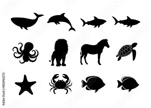 Diverse Animal Silhouettes Set: Wildlife, Marine, and Safari Vector Icons