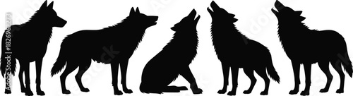 Wolf silhouette collection, wild wolves, howling wolf illustrations, vector wolf set, black animal shapes, forest wildlife art, nature predator graphics