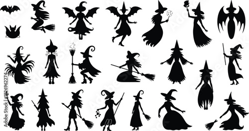 Witch silhouettes, flying witches, Halloween design, magic broomstick, spooky women, Halloween clipart, vector witches, dark magic, costume party icons, fantasy theme