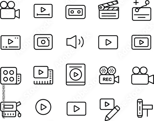 Video recording icons, film production symbols, media player controls, camera, video editing, play button, movie clapper, multimedia tools, content creation