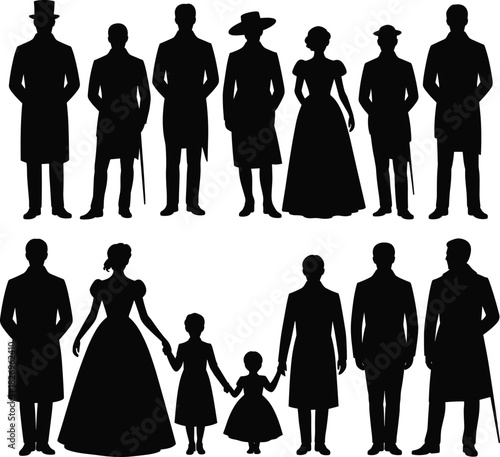 Victorian era family silhouettes, vintage style people, formal dresses and suits, historic fashion, elegant group, old-fashioned clothing, black isolated vector illustration