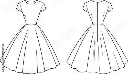 Vintage 1950s style dress technical flat sketch, front and back view, pleated skirt, round neckline, vector CAD drawing flat illustration