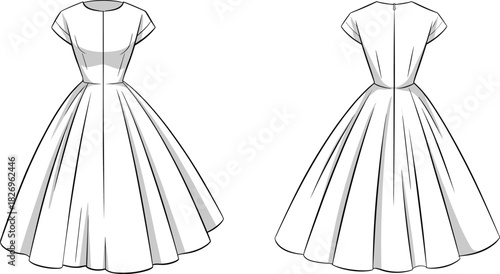 Vintage dress front and back view, short sleeves, round neckline, flared skirt, zipper closure, cad drawing flat vector illustration