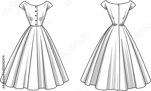 Vintage dress front and back view, wide neckline, puff sleeve, pleated skirt, button front, cad drawing flat vector illustration