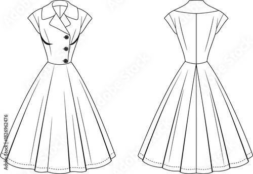 Vintage dress technical flat sketch, front and back view, 1950s style flared skirt, double breasted bodice, CAD drawing flat vector illustration
