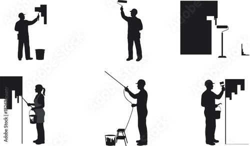 Wall painting workers, home improvement, renovation project, painter silhouettes, roller painting, brush painting, construction work, interior design, house repair, professional decorators