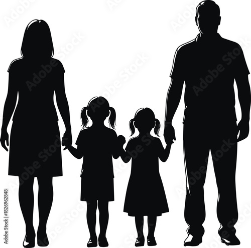 Family silhouette holding hands, unity pose, black outline, minimal art, emotional bond, protective gesture, togetherness scene, parent-child connection