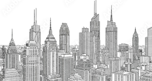 Detailed black and sketch illustration of a dense, modern city skyline featuring numerous towering skyscrapers and architectural detail