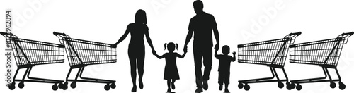 Family shopping silhouette, grocery store trip, parents and children, retail activity scene, black vector illustration, togetherness concept, consumer lifestyle design