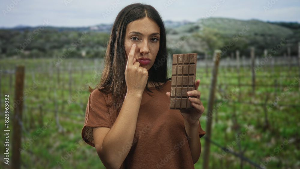 Naklejka premium Hispanic young brunette woman points index finger to cheek while holding a large chocolate bar in a forest vineyard; longing craving.