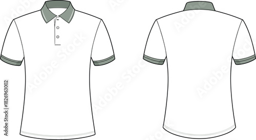 White polo shirt front and back view, short sleeve apparel design, fashion clothing template, casual wear garment, cad drawing flat vector illustration