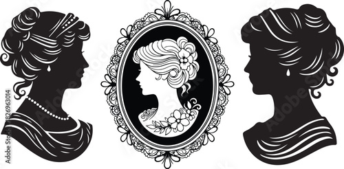 Vector Set of Vintage Victorian Women Silhouette Portraits and Ornate Cameo