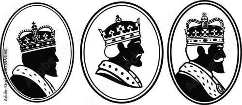 Vector Set of King or Emperor Profile Silhouettes Wearing Ornate Crowns and Robes in Oval Frames