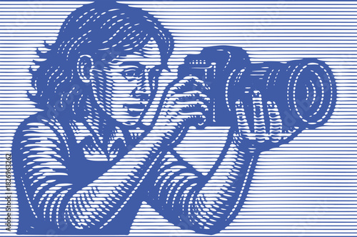 Blue Linocut Engraving Female Photographer with Camera, Vintage Woodcut Style Illustration for Media & Design