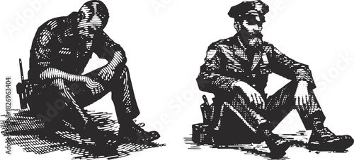 Black Linocut Engraving: Old Police Officer Sitting on Ground  Exhaustion, Duty, and Solitude Vector Art