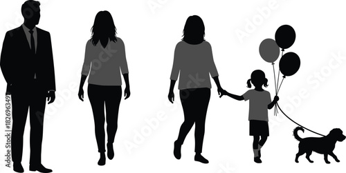 Family silhouettes, daily life, walking figures, child with balloons, dog leash, casual clothing, professional man, relationships, white background, black shapes
