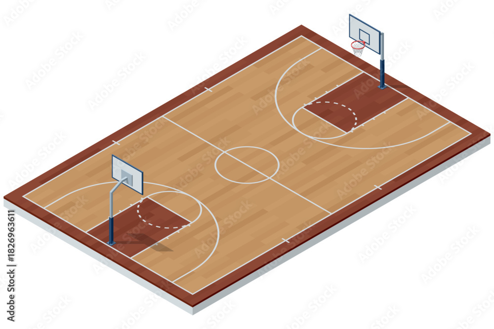 Fototapeta premium Isometric illustration of an indoor basketball court with wooden flooring, painted lines, and two hoops. Detailed sports arena layout for training, competition, or gym design concepts.
