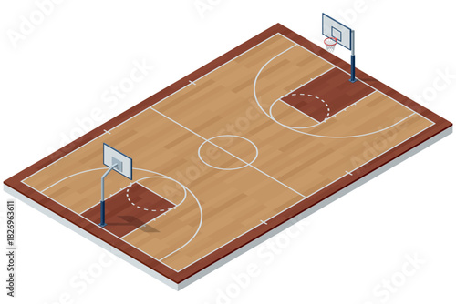 Isometric illustration of an indoor basketball court with wooden flooring, painted lines, and two hoops. Detailed sports arena layout for training, competition, or gym design concepts.