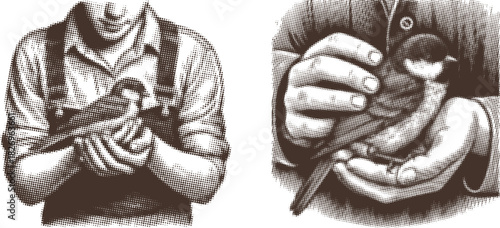Halftone Engraving Volunteer Holding Rescued Bird Tenderly – Vintage Sanctuary Care Illustration