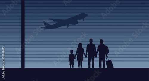 Family travel silhouette, airport scene, airplane departure, emotional journey, blue tones, children with parents, suitcase, window view, calm, anticipation