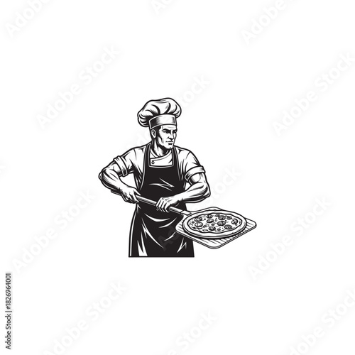Male chef baking fresh pizza with a peel in a traditional woodcut style